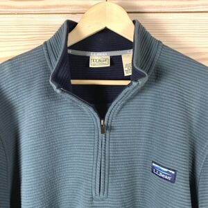 LL Bean Pullover Mens XL Blue 1/4 Zip Ribbed Double Knit Textured Sweater